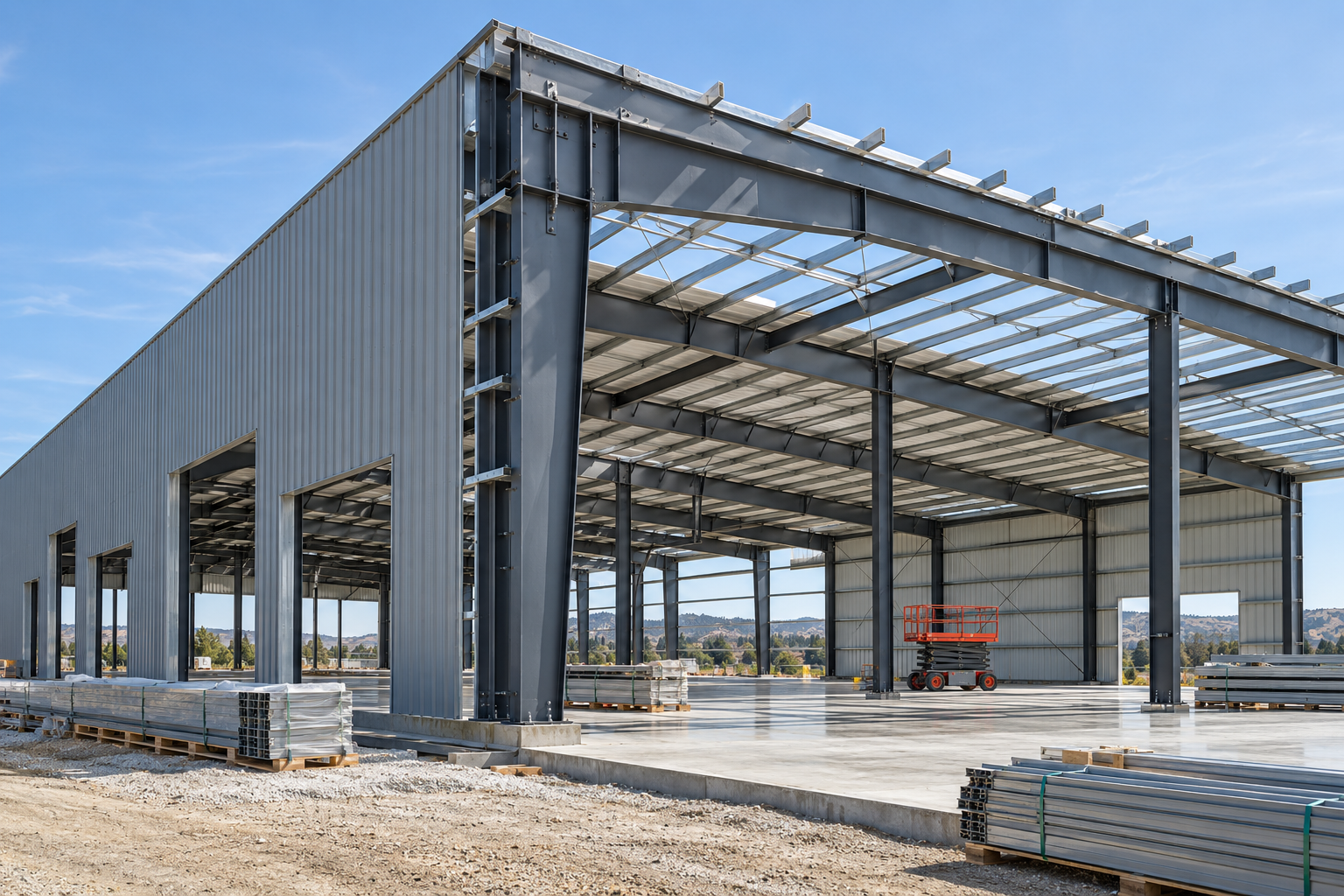 Illustrative commercial warehouse under construction with steel framing and partially installed cladding